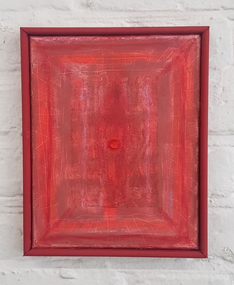 Small red abstract painting with depth and what appears to be a central form or figure. There is a highlight of a red bead in the middle, maybe indicating a heart. There is a female sexual element too. Doors has many meanings. Red means blood also. Although initially it seems sparse there is much meaning in this little painting. There is a 3d effect and scratches on the surface of the paint with subtle differences in hues of red. It is a painting about woman. 