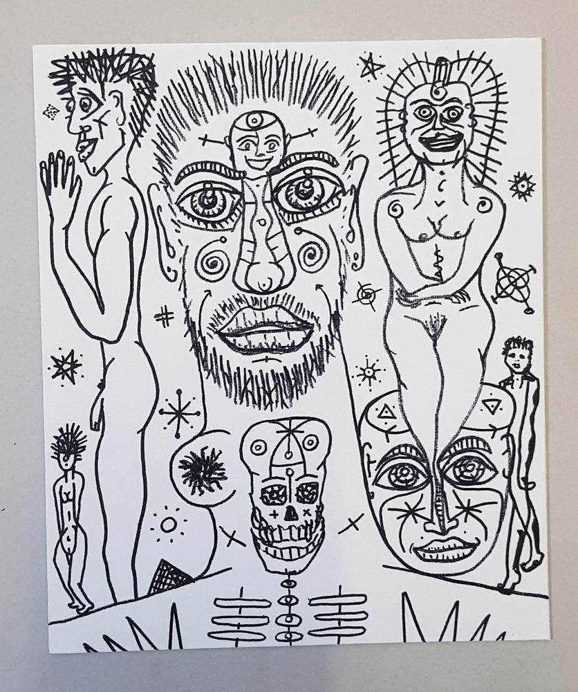 A black marker pen drawing on canvas board 12 x 10". There's a main central face with a beard and short hair with nude male and female figures either side. The main figure is me, the artist Justin Bailey, though it bares little resemblance to me. In the foreground is a skull (Death). The skull motif features heavily in my drawings as Death is always close-by. And now it's closer than usual. Here Death is quite prominent and is next to my lump. The thing in my neck that is malignant. This is what Jack and Lea will be hopefully sorting out. Along with Francis, who I will be seeing next Wednesday. Seems Francis is an expert in my condition, and how to remove the lump in my neck, and what treatment I'll be going through. So I am in good hands. There are stars and planets in the sky.
