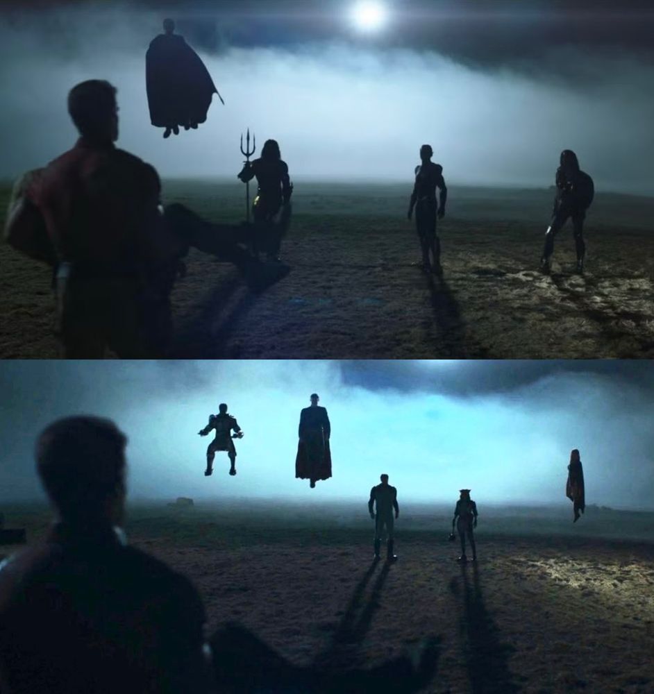 Peacemaker S1 shot of Snyderverse DCU heroes in silhouette, later retconned to depict characters from Superman (2025) 