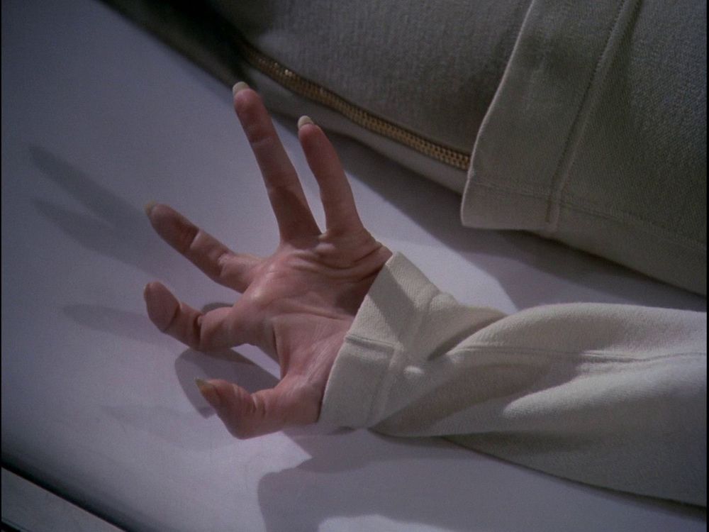 Dr. Russell contorting her hand oddly (Space: 1999) 