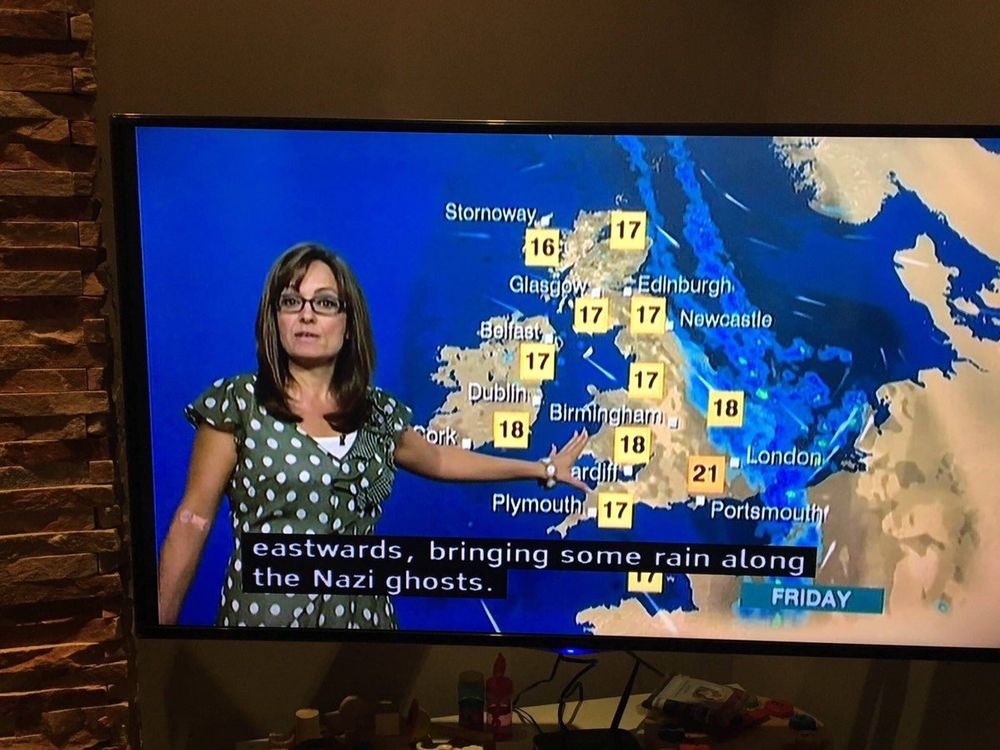 Weather girl with poorly generated subtitles saying “.. eastwards, bringing some rain along the nazi ghosts.” 