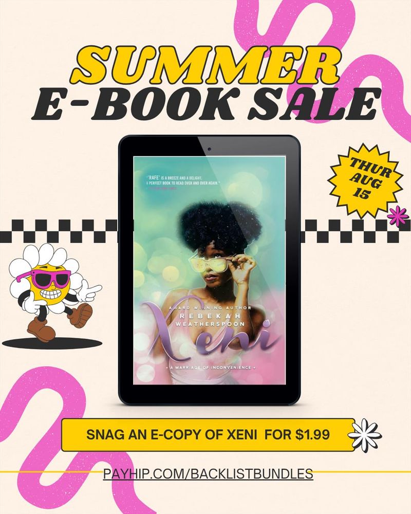 Summer E book sale
snag Xeni for $1.99 thru Aug 15
Xeni Cover, the bust of a black woman with her mass of hair up in a loose bun. She's wearing a purple tank top and sunglasses tilted down on a teal and pink background.