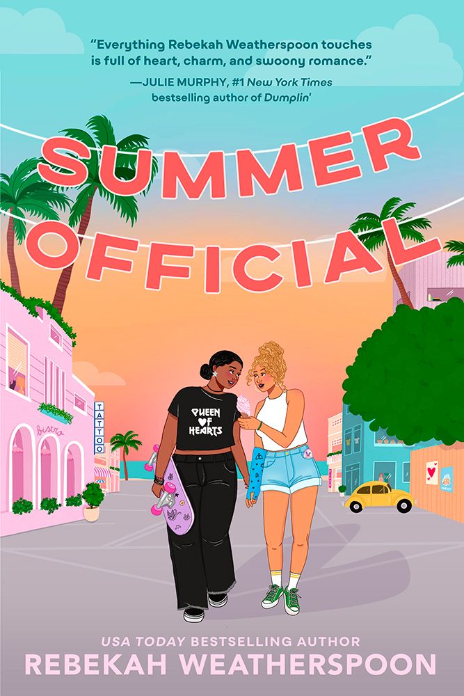 Book cover: Summer Official by USA TODAY bestselling author Rebekah Weatherspoon 
A plus size brown skinned black girl carrying a skateboard and wearing crop black tshirt that says Queen of Hearts in white lettering and black jeans and black vans, walking hand in hand with a light skinned black girl with blond hair. She is wearing a white tank top, demon shorts, white ankle socks and green converse. She has a blue cast on one arm with doodles all over it. They are walking through an illustrated Venice beach. The Venice over head sign has been replaced with the book title Summer Official.