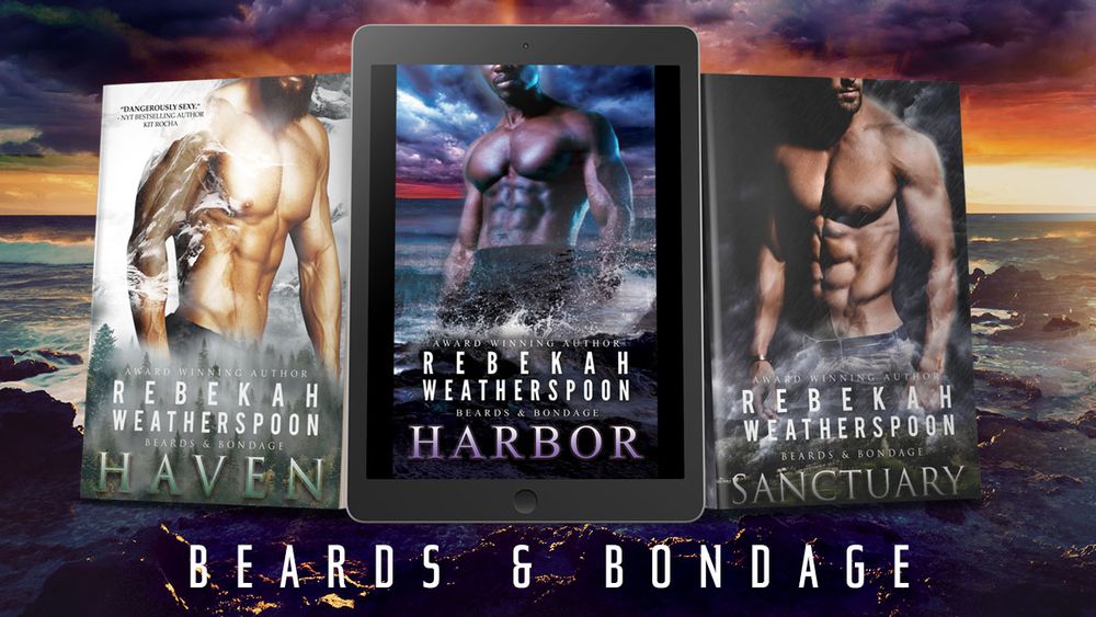 Now available in audio!
Haven, Sanctuary and Harbor by Rebekah Weatherspoon
Three romances with shirtless buff guys on the cover, standing in front of the mountains, in front of a farm and in front of the ocean. All three books have plus size black heroines and all three books feature BDSM elements.
Haven - he saves her from serial killers. Months later they reunite and do the nasty instead of going to therapy. 
Sanctuary - She saves herself from a professional hit and ends up hidding at his farm. They do the nasty 
Harbor is a polyam story with three black folks. Their cheating partners are killed and they try to find meaning in it all. The meaning involves a threesome on the beach.
Now available in audio!
Haven, Sanctuary and Harbor by Rebekah Weatherspoon
Three romances with shirtless buff guys on the cover, standing in front of the mountains, in front of a farm and in front of the ocean. All three books have plus size black heroines and all three books feature BDSM elements.
