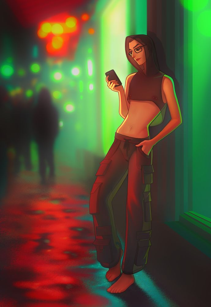 Painting of a woman leaning against a wall in a city street at night, checking her phone.
She is wearing a sheer, sleeveless cropped hoodie, sheer cargo pants, and no underwear or shoes.