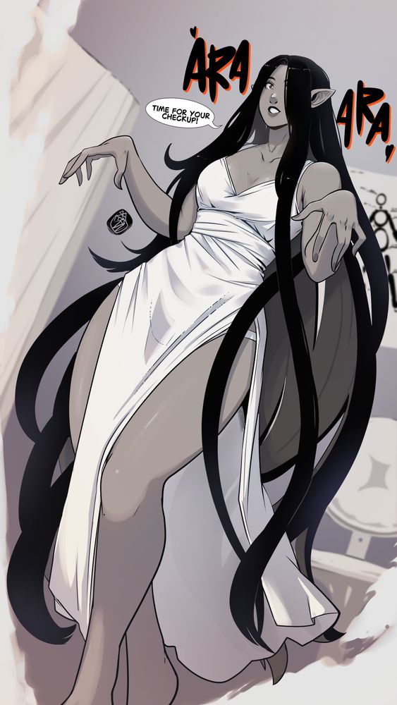 Painting of a tall female Drow with long black hair in a white dress. The background is a fantasy hospital setting.
Sound effect: "🖤 Ara Ara 🖤"
Speech bubble: "Time for your checkup!"