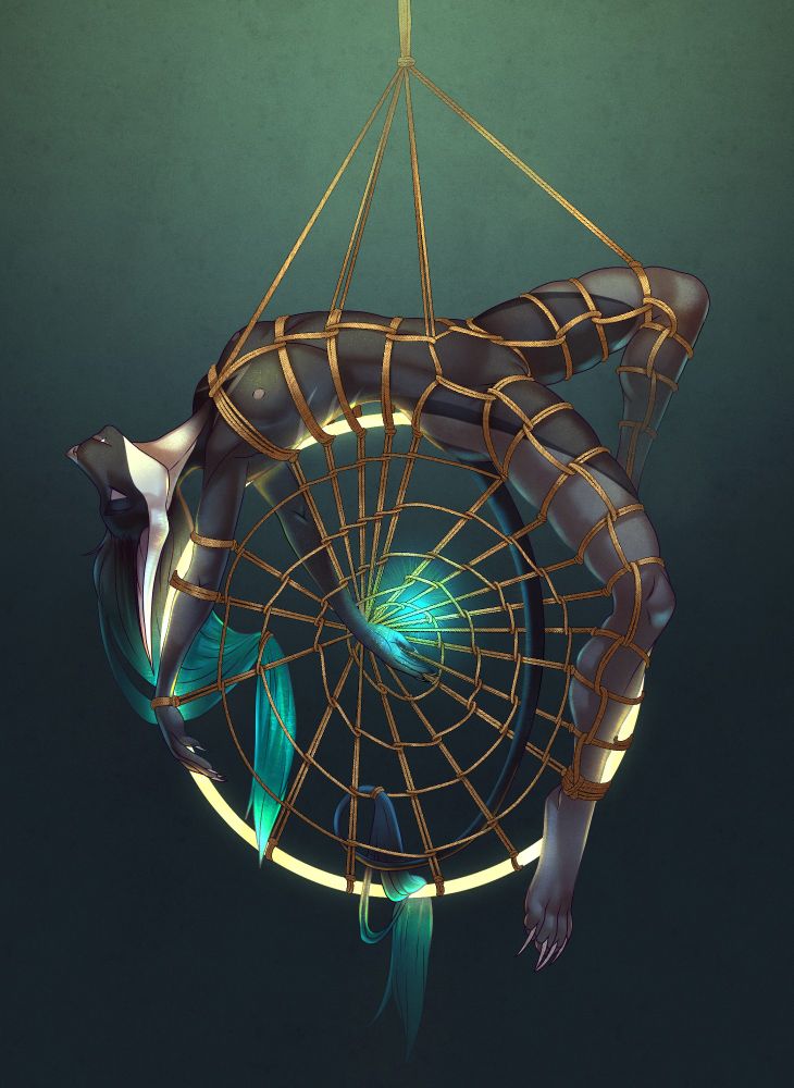 Commission of my Acrador OC Yvonevna
(an anthropomorphic furry alien, posing nude in shibari bondage)
Art by Gotikama