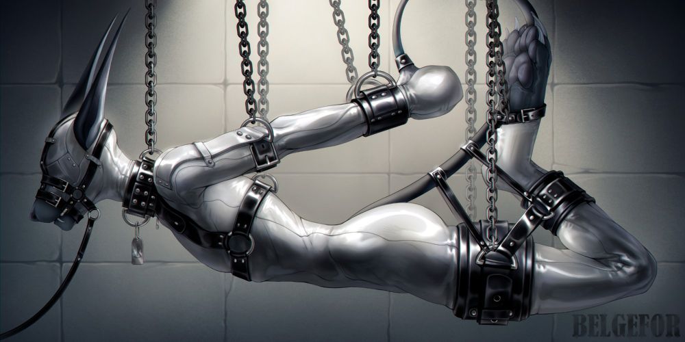 Painting of an anthropomorphic furry alien in white latex bodysuit and black leather harness, suspended from the ceiling by chains