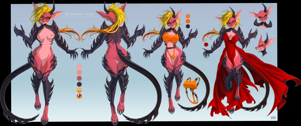 Reference sheet for an anthropomorphic dragon girl with pink skin, blonde hair, and black scaled arms, legs and tail.