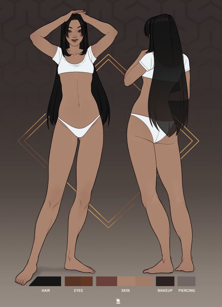 Character reference sheet of an Asian woman with long dark hair, showing front and back views and a color palette.