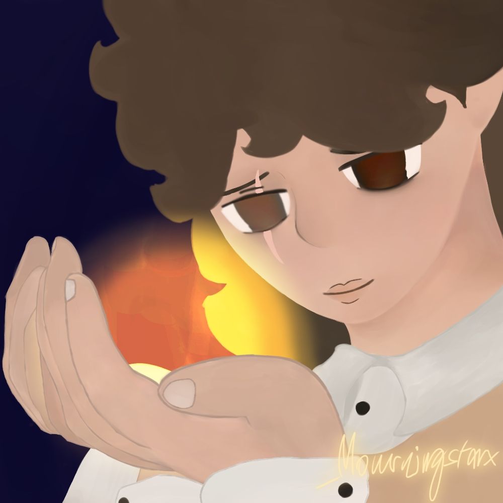 Caleb (my oc) with his hands cupped together as he looks into his hands, with a light glowing from palms- like he's holding a ball of light.