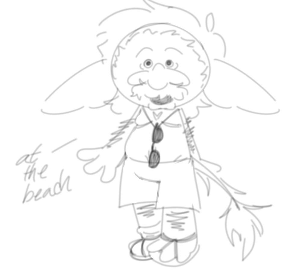 Alder at the beach.

He is wearing sandals, swimming shorts and a necklace which is holding his glasses