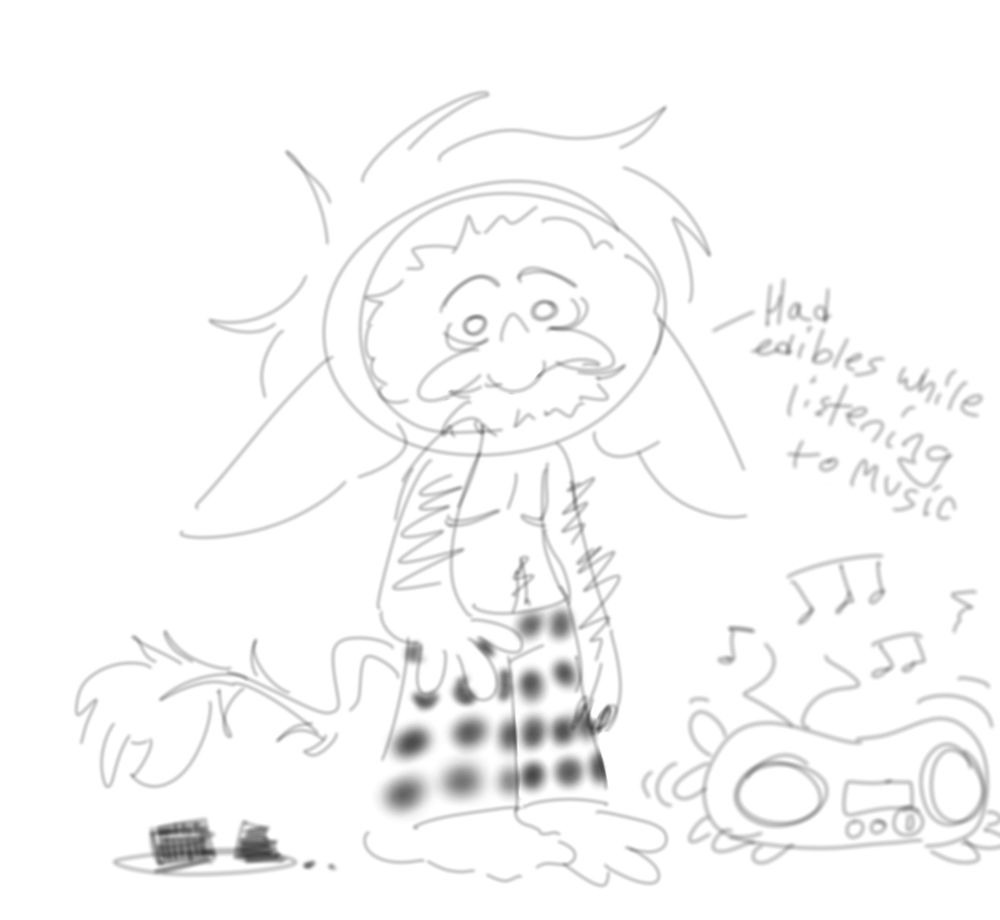 My trolls oc standing there listening to music after eating edibles, he is wearing pj pants and staring off into the distance