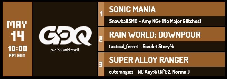 GDQ Hotfix Creature Corner Schedule, listing Sonic Mania by SnowballSMB, Rain World: Downpour by tactical_ferret, and Super Alloy Ranger by Cutefangies. 