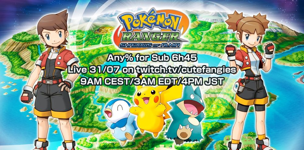 Announcement picture for the event, starting at 9AM CEST/3AM EDT/4PM JST. The two protagonists of the game stand, in a red vest and white and black overalls. They're surrounding Piplup, Pikachu and Munchlax.