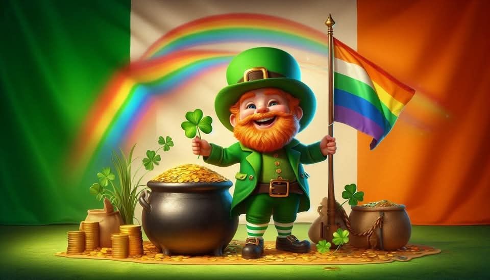 A jolly leprechaun dressed in green and wearing a green hat holds a shamrock in his right hand and holds a flagpole in his left hand. The flag flying on the flagpole is a traditional LGBT equality rainbow flag. A pot of gold is too the leprechaun's right, and gold coins are stacked to the right of the pot of gold. Additional gold coins are scattered around the leprechaun's feet. A rippling Irish flag forms the background of the image, and a rainbow appears superimposed on the flag.