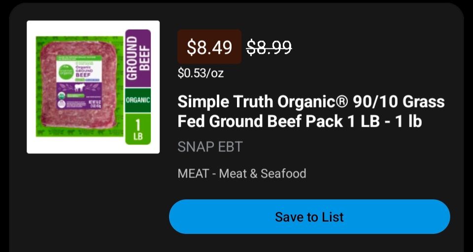 The photo depicts that the current cost of one pound of 90% lean and 10% fat ground beef at a WV Kroger store is $8.49