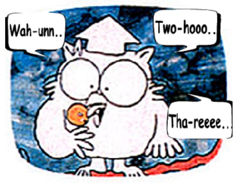 A cartoon "wise old" owl wearing large, circular, wire-framed glasses and what appears to be a professor's hat. With its right wing tips, modified to appear as fingers, it holds a candy sucker, a Tootsie Pop, near its beak. Its left wing, with its tip also modified to appear as fingers, hangs by its left side. The owls pupils, represented as dots, appear very near its beak, making it look as if the owl is looking at the sucker near its beak. The owl's tongue is out, making it appear as if it's licking the sucker. Cartoon spoken word bubbles are shown with drawn out pronunciations of the words "one", two", and "three". The implication is that the owl is counting its licks of the sucker.