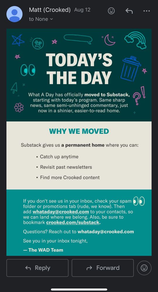 Screenshot of an email announcing Crooker’s move to the Nazi platform called substack 