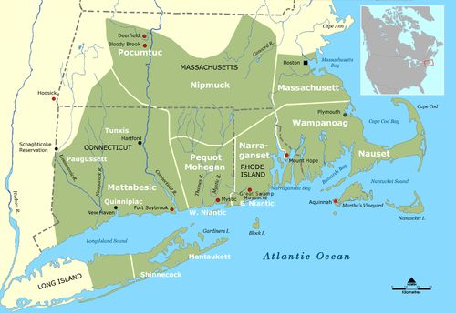 Map of southern New England showing location of the Massachusett people plus Nipmuk, Wampanoag, Narraganasett, Mohegan, Pequot, Pocomtuc, Montaukett and other Algonquian peoples
