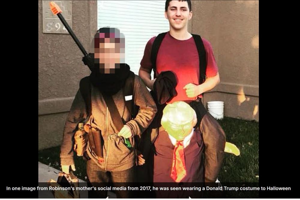 Image of Kirk shooter Tyler Robinson in a Halloween costume that makes it look like Trump is giving him a piggyback ride. Image is from his mother's facebook page per Daily Mail