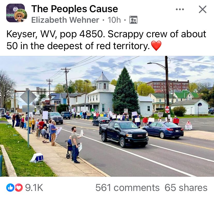 Pic of about 50 protesters in Keyser,WV, pop 4850. The deepest of red territory. 