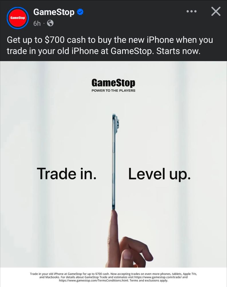 A Facebook ad for GameStop, encouraging iPhone owners to trade their phone in towards the iPhone Air