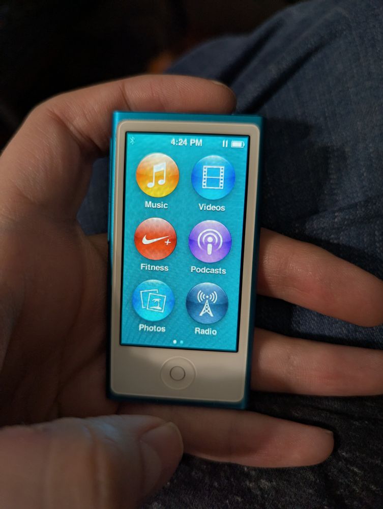 Front of a blue 7th generation iPod 