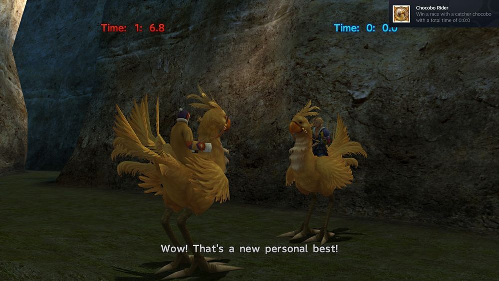 Screenshot of the chocobo race from Final Fantasy X. Showing the time of 0 minutes and 0 seconds required to get an achievement and an item