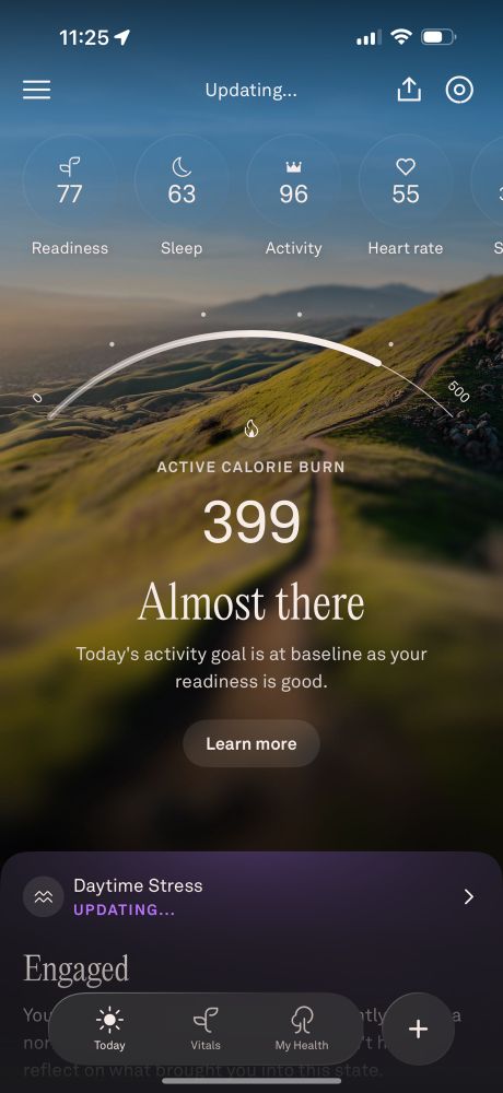 A screenshot of the Oura health app, with a calorie burn of 399 and the text “Almost there” in a serif font on a blurred background image. 