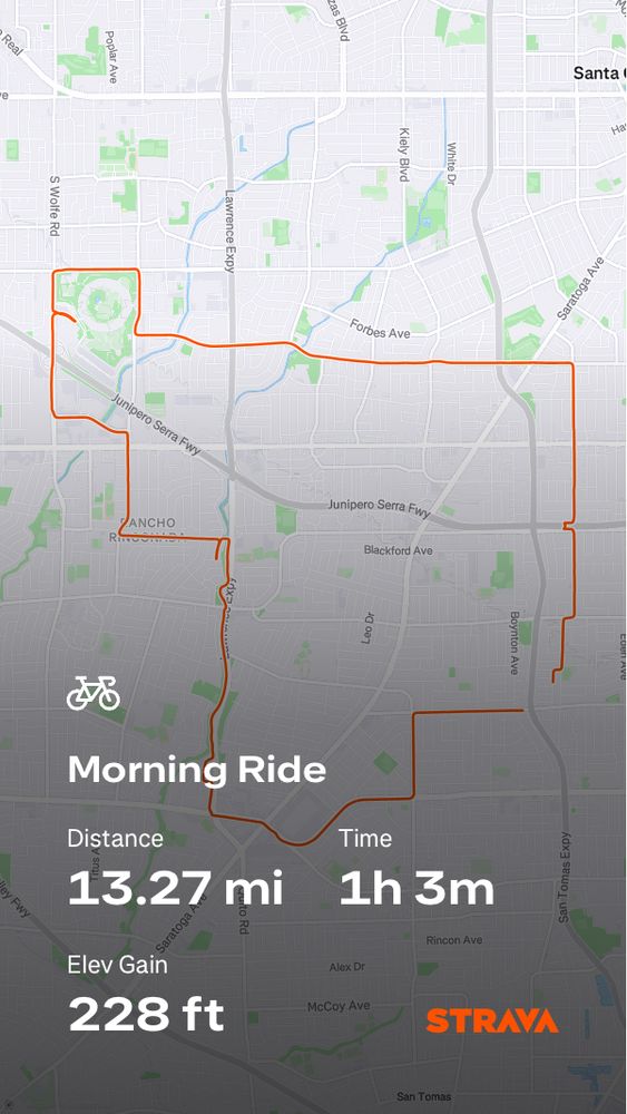 A map of a cycling route totaling 13.27 miles in I 1 hour and 3 minutes 