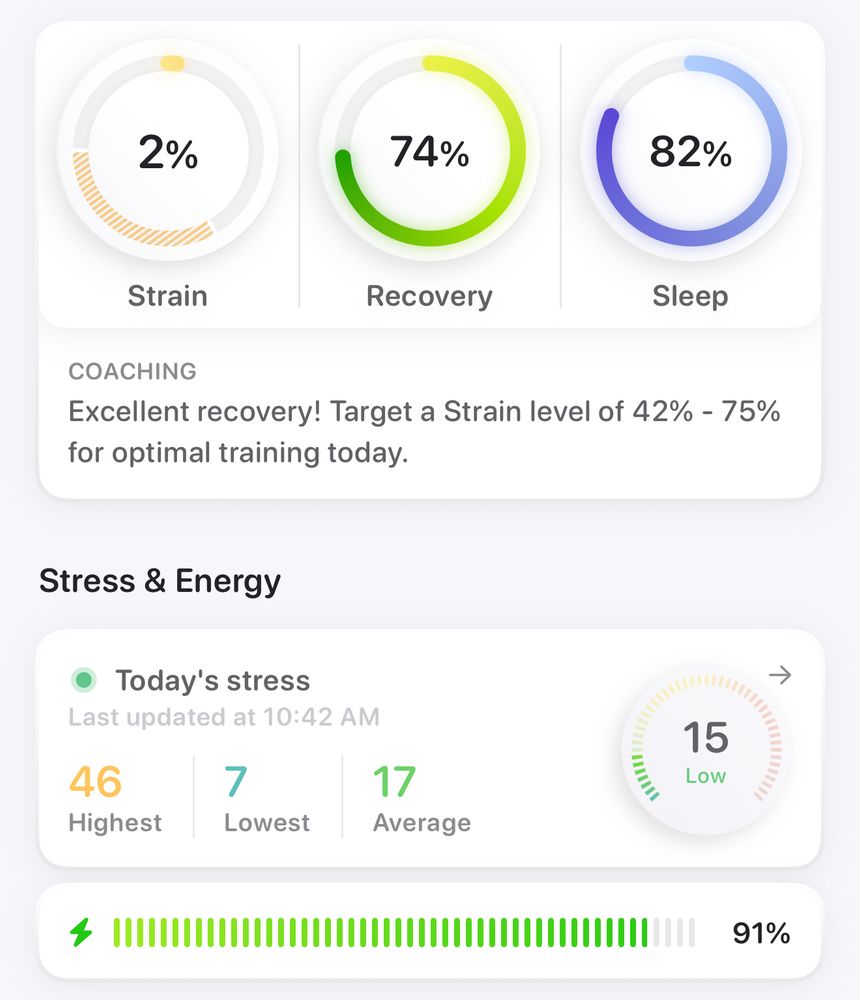 A recovery score of 74% and sleep score of 82% in a screenshot of a fitness tracking app. 
