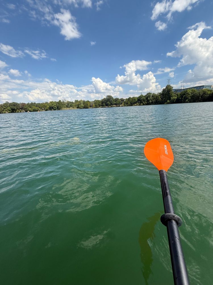 A kayak paddle extended out over the water