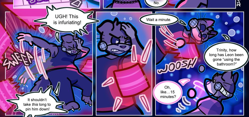 Panels from my webcomic, Key to the Future's Fate. The first features an anthro cat woman sweeping away a bunch of holo-screens in a fit of frustration. The second panel has the same woman turning her attention to another screen. The third panel zooms out, showing her and another anthro cat woman. The former one seems to have noticed something on her screen.