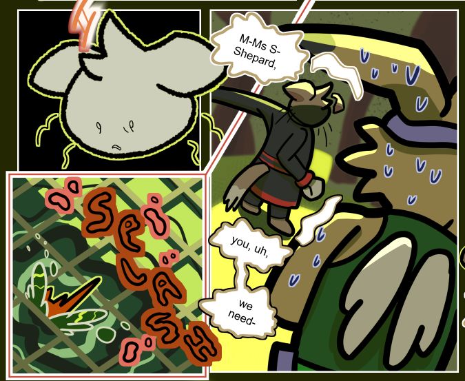 A panel from my webcomic, Key to the Future's Fate. It features three panels. In the first, a cartoony, all-white version of an anthro cat woman looks on in broken horror as, in the second panel, a pin splashes through a grate and into water. In the final panel, the woman's face is obscured, though she seems furious by her body language. In the foreground, a rabbit-like alien is shaking as she calls the attention of the anthro cat woman.