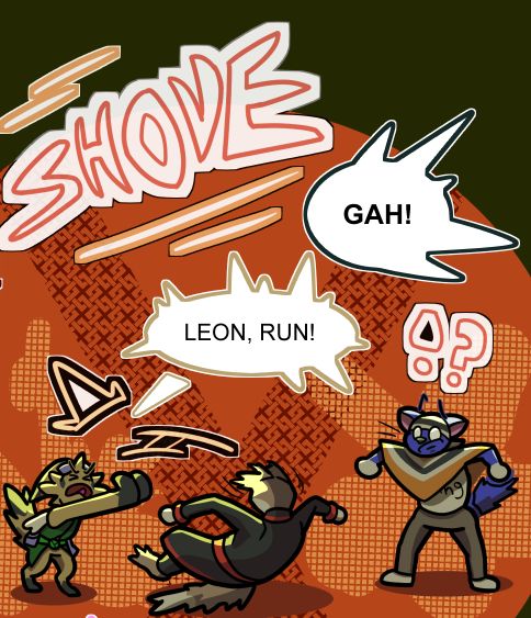 Panel from my webcomic, Key to the Future's Fate. In it, a rabbit-like alien is showing an anthro cat woman back onto her butt. An anthro cat teen looks on in confusion