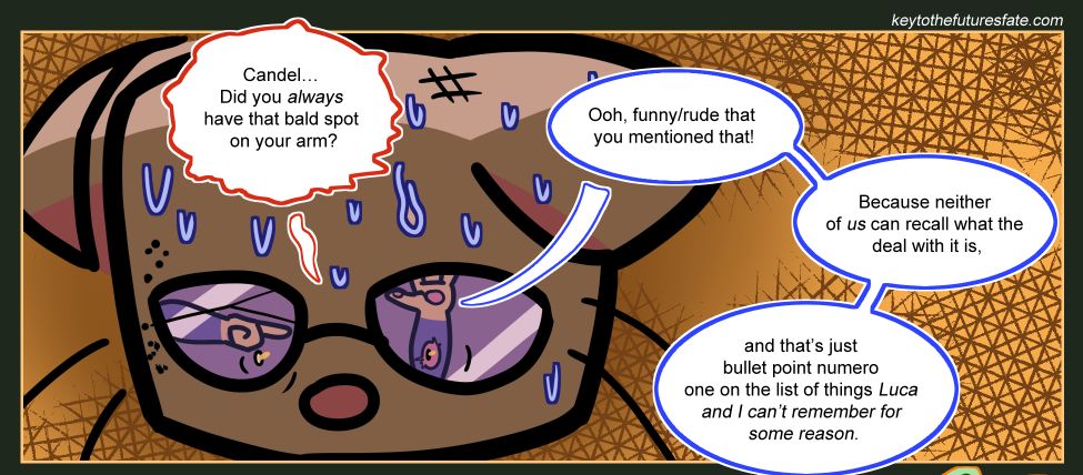 Panel from my webcomic, Key to the Future's Fate. It features a close headshot of a white-furred anthro cat. We see the reflection of a burn mark in an off-panel can's arm that the white cat is looking at in terror.
