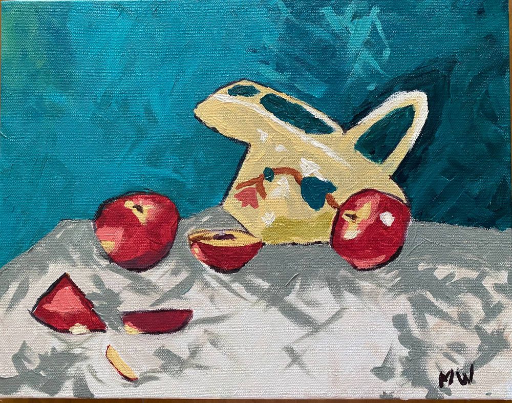 Painting of peaches and a yellow pitcher on a white table cloth against a teal background. Signed MW.