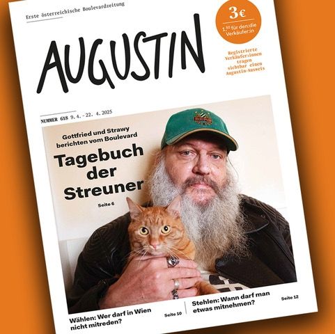 Augustin Cover, Mann mit weiß-braunem, langem Vollbart, grüner Kappe und rothaarigem Kater in der Hand