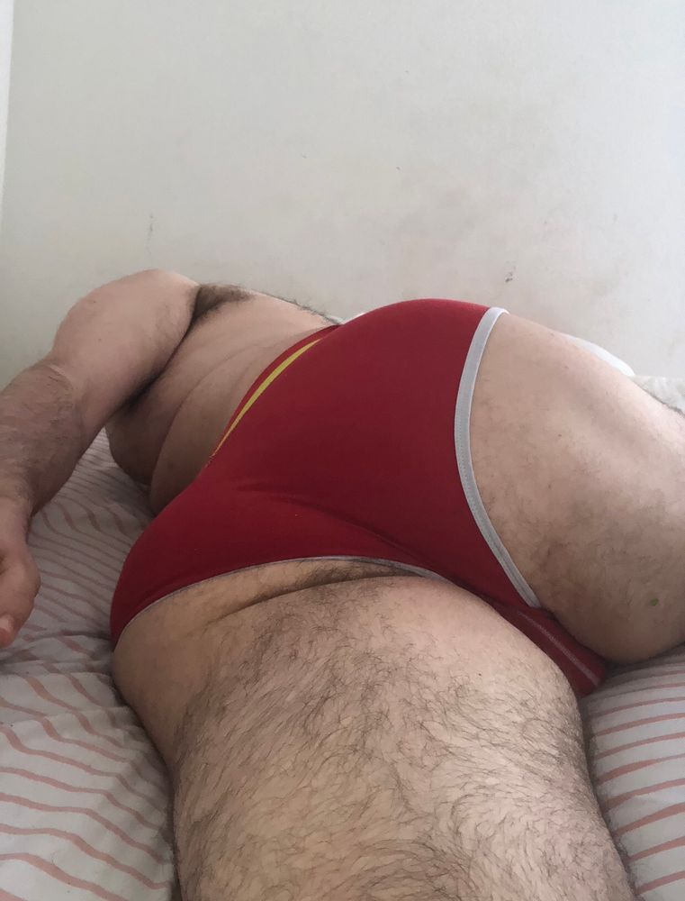 Me in my red underwear briefs viewing my butt from below