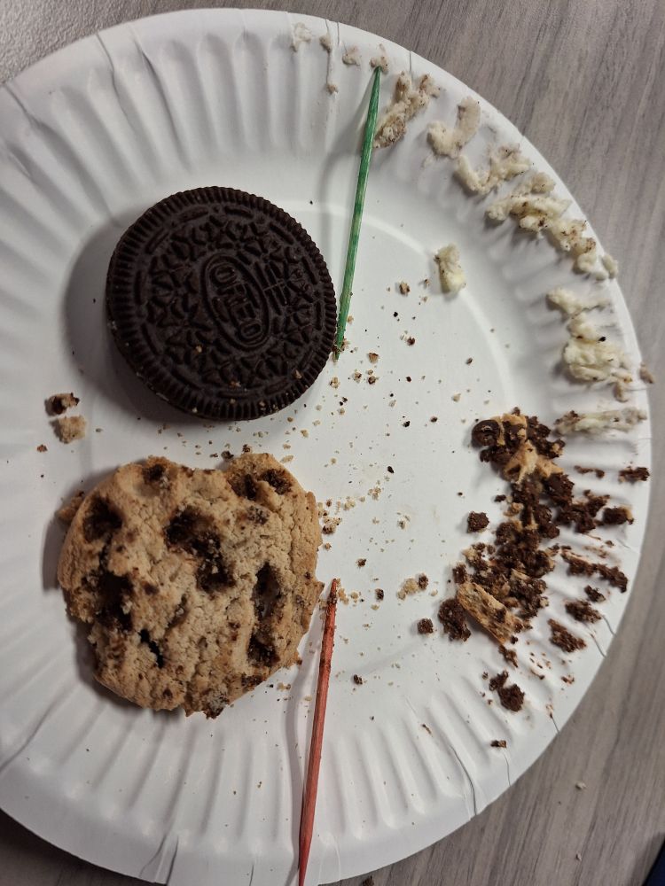 The "ore" (cream from the oreo and chocolate from the chocolate chip cookie) extracted successfully using only toothpicks from two cookies, and the remaining surrounding materials. 