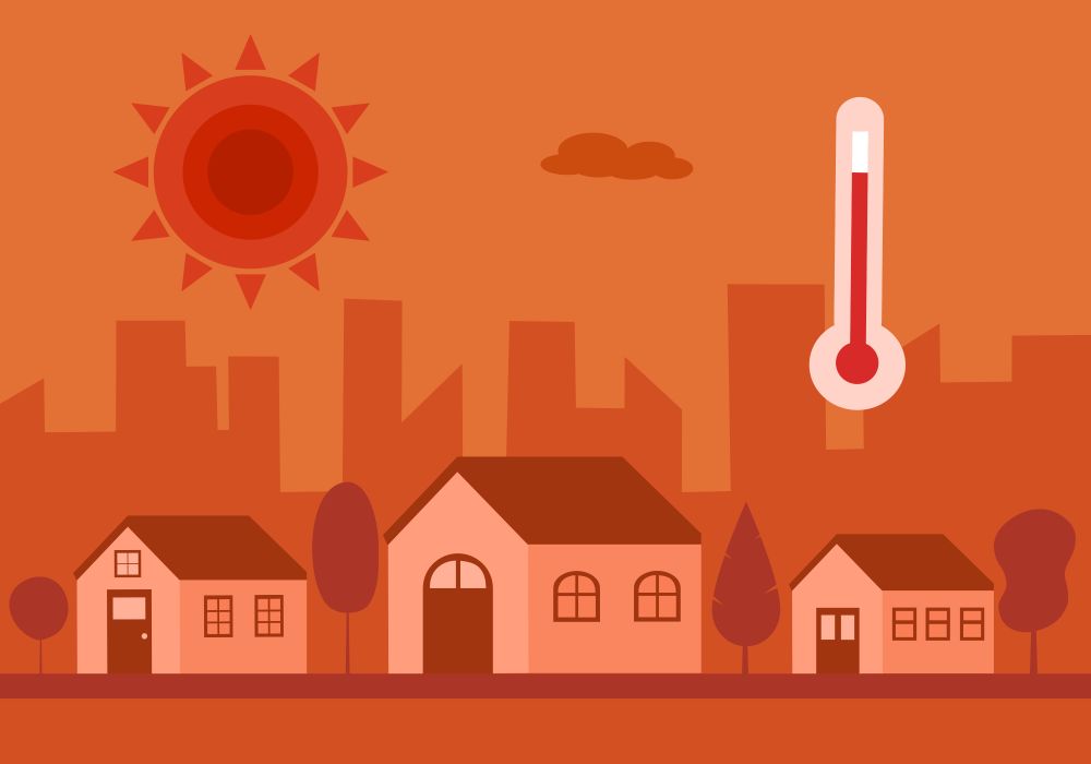 Orange background with a red sun and houses and a thermometer.