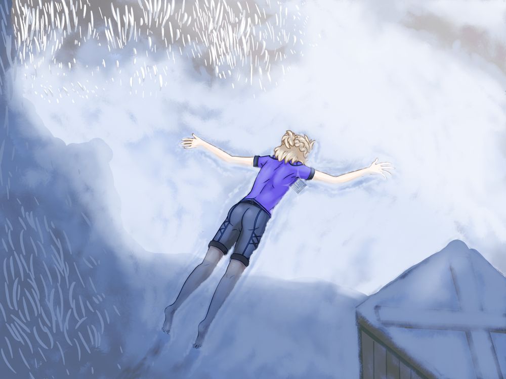 Albedo Kreideprinz, coatless, lying face down in the snow outside his dragonspine workshop. 