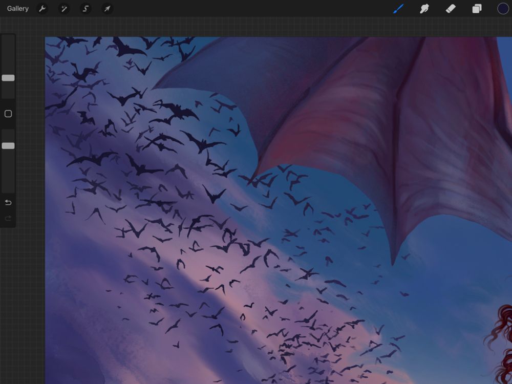 Screenshot of procreate WIP featuring many bats 