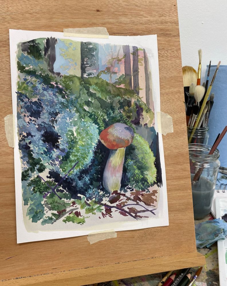 Watercolor and gouache painting of a mossy forest scene with an orange mushroom