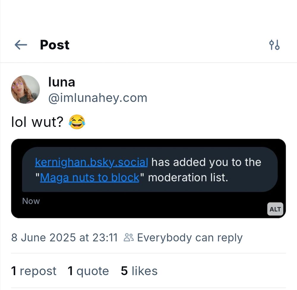 Screenshot showing @Kernighan.bsky.social adding @imlunahey.com to "Maga nuts to block".

Seriously dude, what the fuck...

