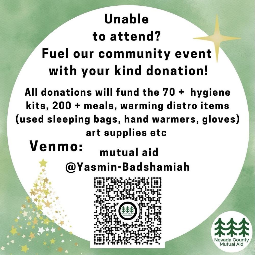 Flyer for Christmas care day event: Elks lodge, Grass Valley. Christmas Day 12-4pm. Donate to @yasmin-badshamiah on Venmo 