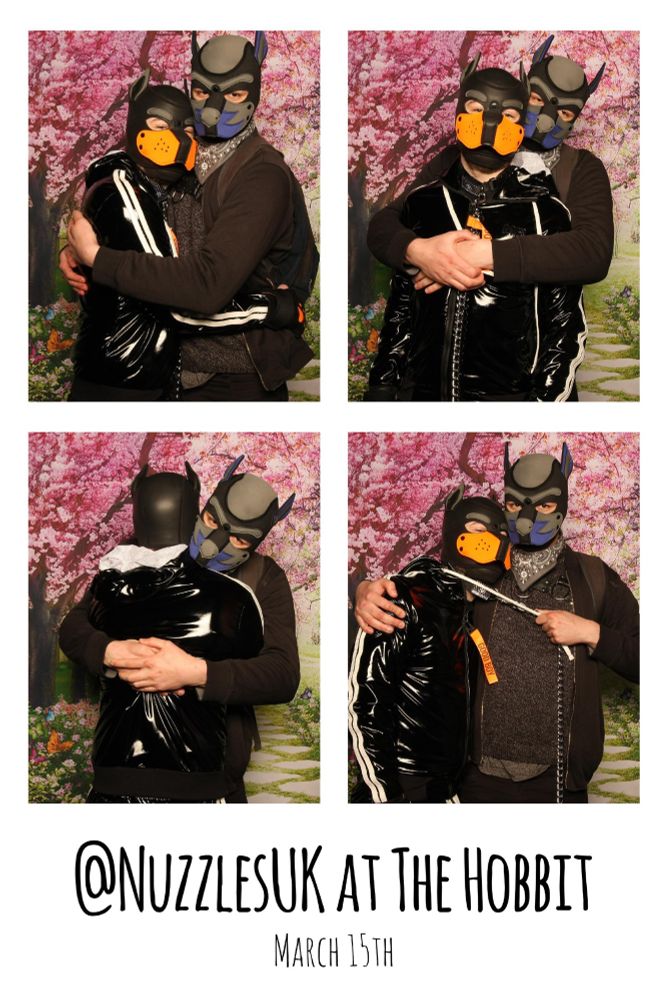Me and a gray pup cuddling. Then one of him with his arms around me from the back. Then another with me with my back to the camera being embraced and then a final one where he is pulling my lead. 