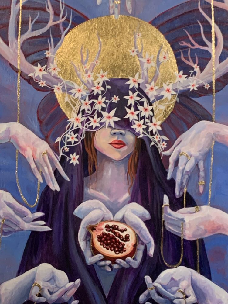 Acrylic painting of Persephone surrounded by floating hands, dripping gold, and hands holding a pomegranate 
