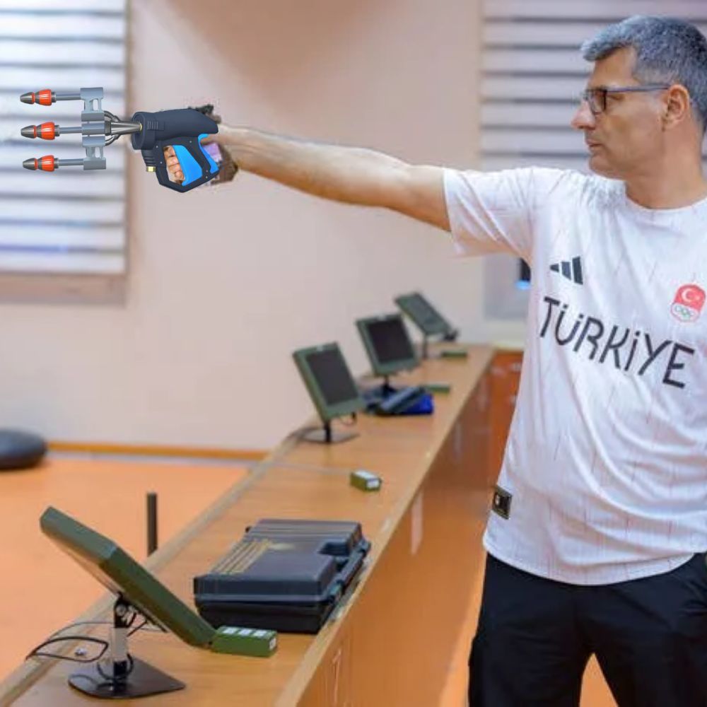 Image of decorated Turkish sport shooter Yusuf Dikeç aiming superimposed powerwash nozzle from FuturLab's "PowerWash Simulator"